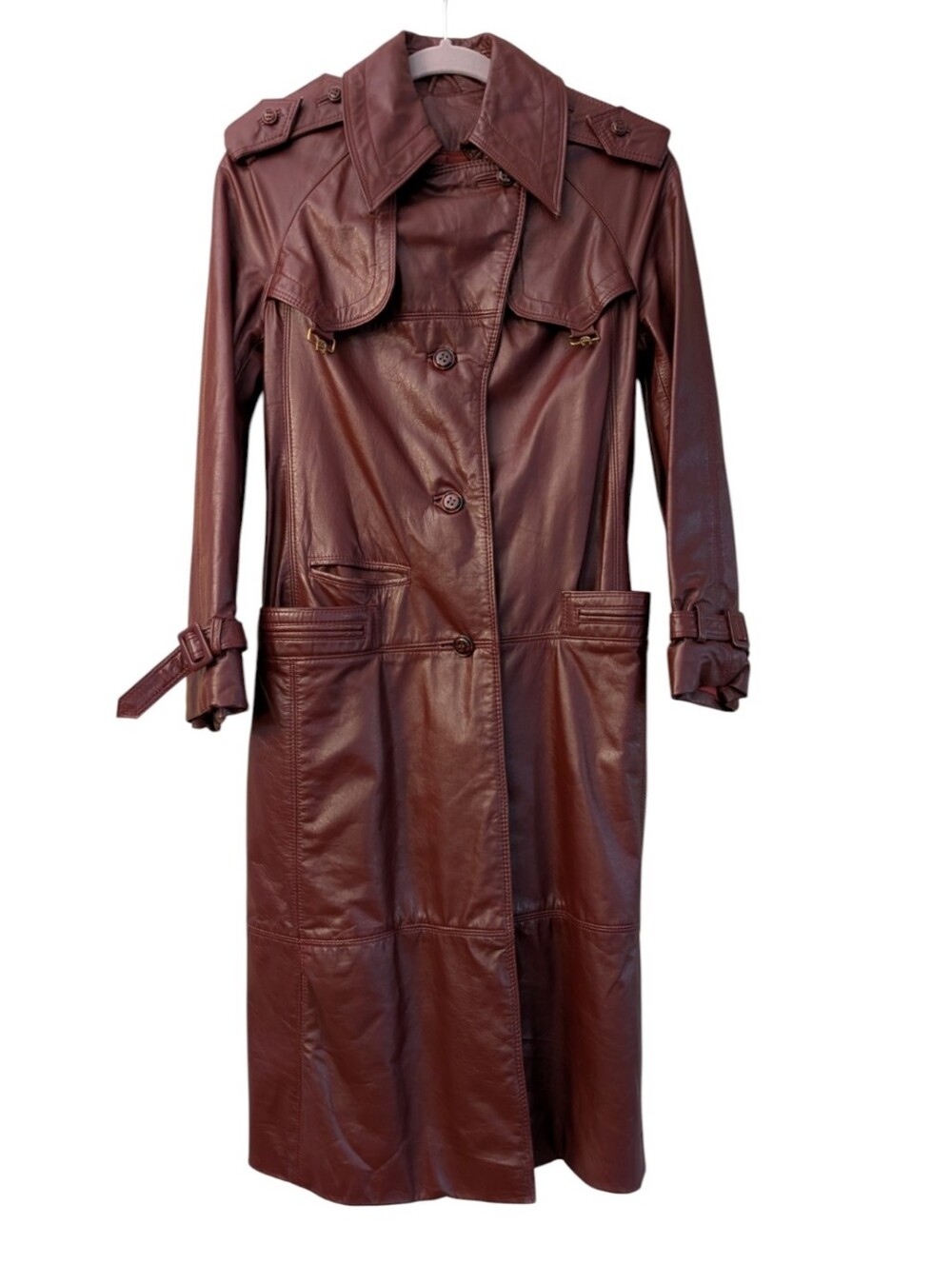 Vintage Etienne Aigner Maroon Leather double breasted Trench Coat Long Oxblood 8